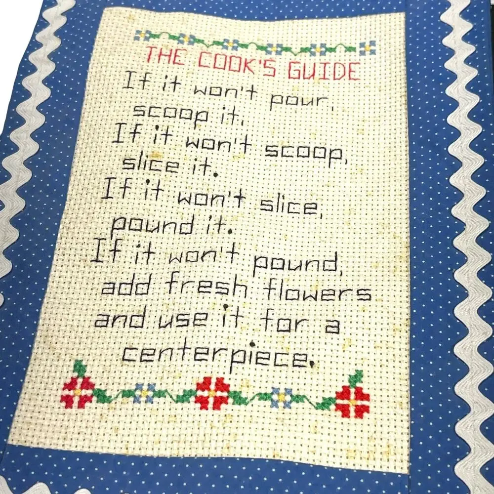 Vintage The Cook’s Guide Cross Stitch Kitchen Wall Hanging Blue Polka Dot